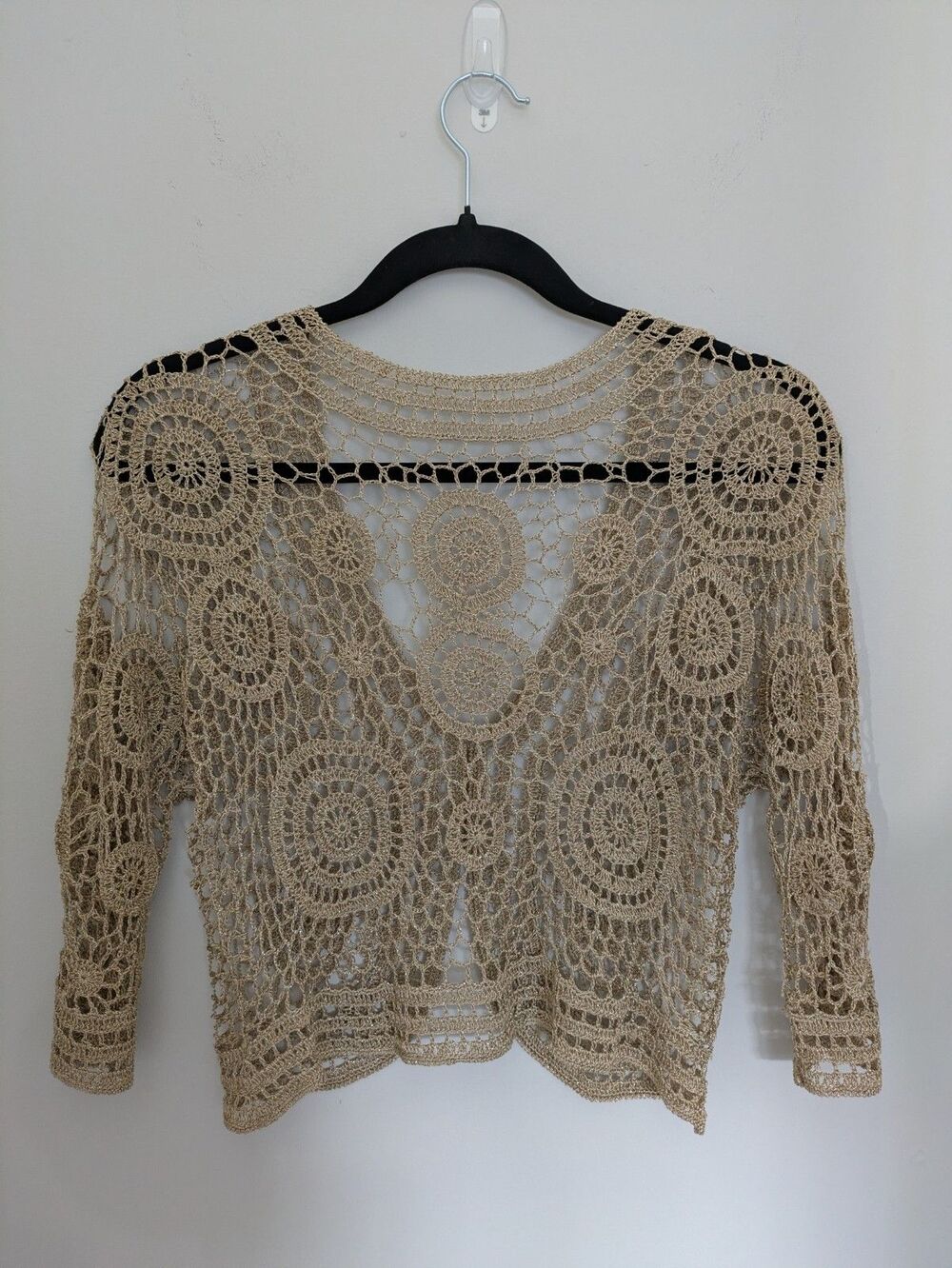 Crochet Bolero SZ M Gold Crop 3/4 Sleeve Festival Boho Fairy Cottage Coachella - Picture 4 of 13